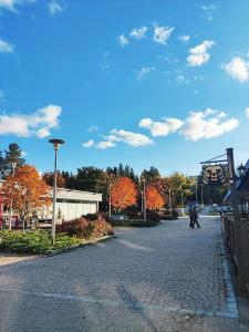 a person walking down a cobblestone street at Joutjärven Studio Apartment in Lahti