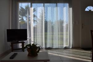 a living room with a tv and a large window at Joli appartement au calme entre Nîmes et Avignon in Meynes