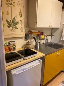 a kitchen with a sink and a stove top oven at Drömhus på Österlen in Glemminge