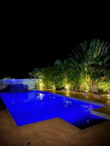 a blue swimming pool at night with palm trees at Pousada Fasani in Ilha de Boipeba