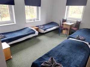 Cette chambre comprend 3 lits, une table et des fenêtres. dans l'établissement Gościniec Silver, à Toruń