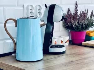 a white tea kettle on a kitchen counter with at Domki Pod Stromcem in Czernica