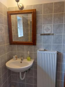 łazienka z umywalką, lustrem i grzejnikiem w obiekcie Vitina Stone House w mieście Vytina