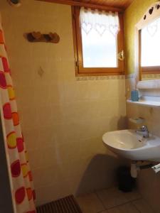 y baño pequeño con lavabo y ducha. en Authentique Maison de Village Savoyarde, en Saint-Martin-de-Belleville
