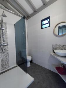 uma casa de banho com um chuveiro, um WC e um lavatório. em Coco et Cajou Bungalows em Sainte-Anne