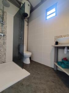 uma casa de banho com um chuveiro e um WC. em Coco et Cajou Bungalows em Sainte-Anne