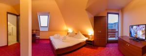 Habitación de hotel con cama y TV en Pensjonat Pod5 en Karpacz