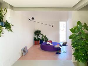 uma sala de estar com uma mesa roxa e vasos de plantas em Zahara em Catânia