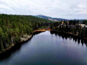 uma vista aérea de um lago no meio de uma floresta em Holiday Home Ruka Lammensyli em Ruka