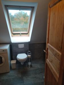 a bathroom with a toilet with a window on the ceiling at Ferienwohnungen "Weitblick" in Lodmannshagen