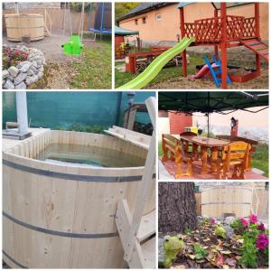 a collage of photos with a water feature and a playground at Sweet Home Apartman Szilvásvárad in Szilvásvárad