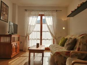 a living room with a couch and a large window at Apartaments Pleta Bona in Pla de l'Ermita