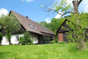una casa con techo marrón en un campo verde en Holiday home Fairytale, en Dolní Radechová