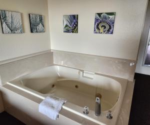 Bayview Inn في كريسنت سيتي: حوض استحمام في حمام به لوحات على الحائط