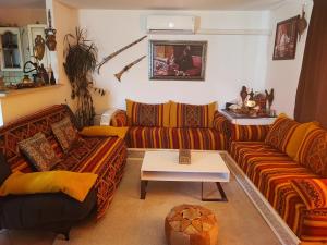 a living room with two couches and a table at Charmante maison au calme in Sainte-Maure