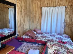 een slaapkamer met een bed en een grote spiegel bij Cabaña Lemupewen Chillán 6 in Chillán