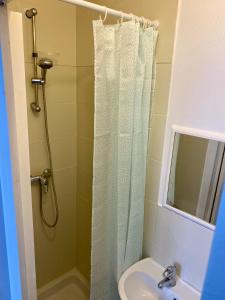 y baño con cortina de ducha y lavamanos. en Home Sweet Home Montmartre Duperre en París
