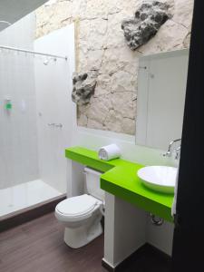 baño con encimera verde, aseo y lavabo en HOTEL BOUTIQUE CASA LOZADA en Bogotá