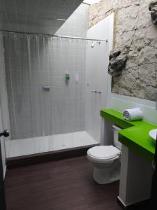 ein Bad mit einer Dusche, einem WC und einem Waschbecken in der Unterkunft HOTEL BOUTIQUE CASA LOZADA in Bogotá