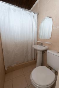 Un baño con inodoro, lavabo y espejo. en Complejo de cabañas Atrapasueños, en El Calafate