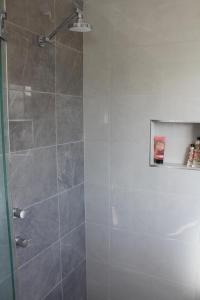 baño con ducha y puerta de cristal en Stunning lakefront 4-bedroom, 2.5-bath home en Gorokan