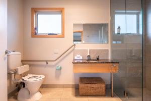 コールズ・ベイにあるFreycinet Stone Studio 3 - Feldsparのトイレとガラスのシャワー付きのバスルーム +20枚の写真