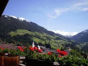 Blick auf eine Stadt in den Bergen mit roten Blumen in der Unterkunft Ferienwohnung Maria im Landhaus Christina in Alpbach