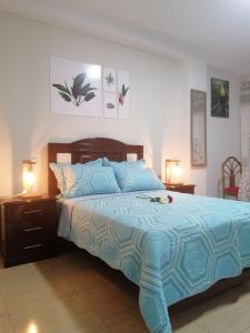 1 dormitorio con 1 cama azul grande y 2 lámparas en Casa de campo en contacto con la naturaleza. en Tingo María