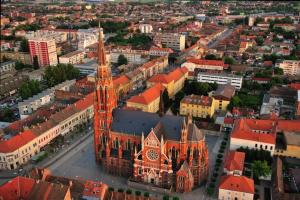 an aerial view of a city with a church at Hostel OS in Osijek