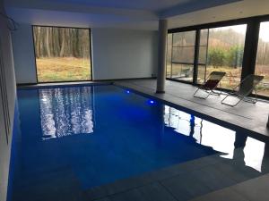 uma piscina com água azul numa casa em Le Dôme de Namur - Une nuit insolite dans les bois em Champion