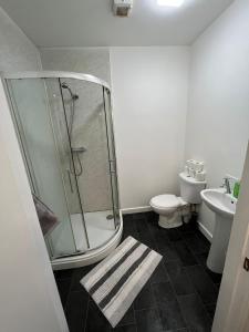 a bathroom with a shower and a toilet and a sink at 2 bedroom flat in kingswood in Bristol
