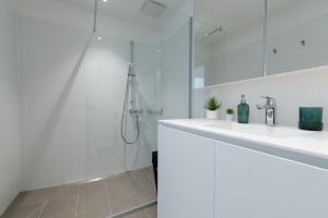La salle de bains blanche est pourvue d'un lavabo et d'une douche. dans l'établissement Grüne Oase an der Therme, à Vienne