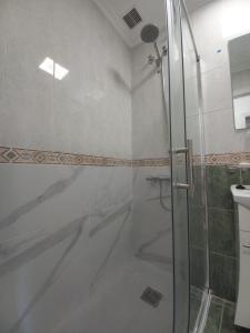トレビエハにあるApartment Manuel Galián 52のバスルーム(ガラスドア付きのシャワー付)