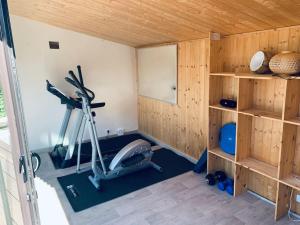 a room with a gym with a treadmill and shelves at Appartement proche Astérix, Stade de France, Chantilly, Roissy, piscine saisonnière in La Chapelle-en-Serval