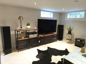 a living room with a tv and a dog laying on the floor at Yksityinen kellarikerros omalla sisäänkäynnillä, Pietarsaari in Pietarsaari