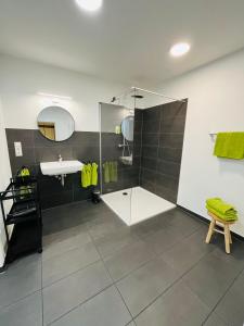 a bathroom with a glass shower and a sink at Ferienwohnungen an der Salvatorkirche - Exklusiv-Apartments mit Terrasse in Coburg