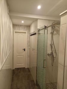 La salle de bains est pourvue d'une douche et d'une porte en verre. dans l'établissement EBS Paradies, à Rheinhausen