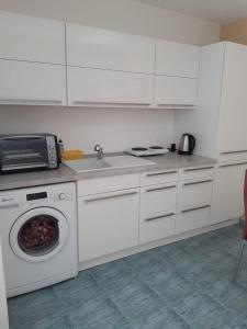 una cucina bianca con lavatrice e lavandino di Thüringer Zimmer a Suhl