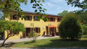 a yellow building with a tree in front of it at Il Noceto in Monte San Giusto