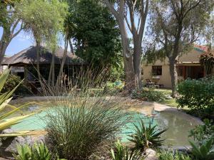 a garden with a pond in front of a house at Paradise in Kommetjie in Cape Town