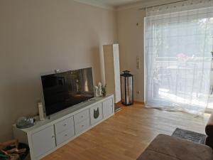 a living room with a flat screen tv on a entertainment center at Apartment an der Lindach in Kirchheim unter Teck