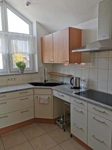 uma cozinha com um lavatório e uma bancada em Apartment an der Lindach em Kirchheim unter Teck