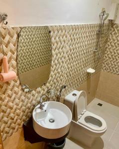 ein Badezimmer mit einem Waschbecken, einem WC und einem Spiegel in der Unterkunft Sophias Beach Guest House in El Nido
