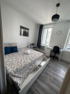 sypialnia z łóżkiem i biurkiem oraz 2 oknami w obiekcie Les Cosy De Nancy - L'alcove city trip 4 étoiles w Nancy