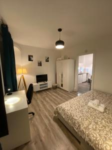 Dormitorio con cama, escritorio y TV en Les Cosy De Nancy - L'alcove city trip 4 étoiles, en Nancy