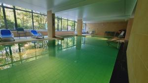 an empty swimming pool with blue chairs in a building at Luxury Apartment Pogorzelica in Pogorzelica