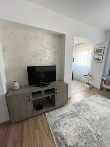 a living room with a flat screen tv on a cabinet at Cozy Apartment - near Palas Mall and Airport in Iaşi +7 photos