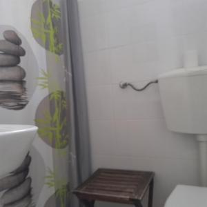 a bathroom with a shower with a toilet and a stool at Caravela in Lagos