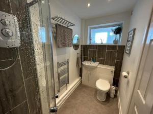 a bathroom with a shower and a toilet and a sink at Seapoint House in Cleveleys