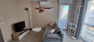 uma sala de estar com um sofá e uma televisão em Appart T2 standing tout confort avec balcon - parking en option em Lyon